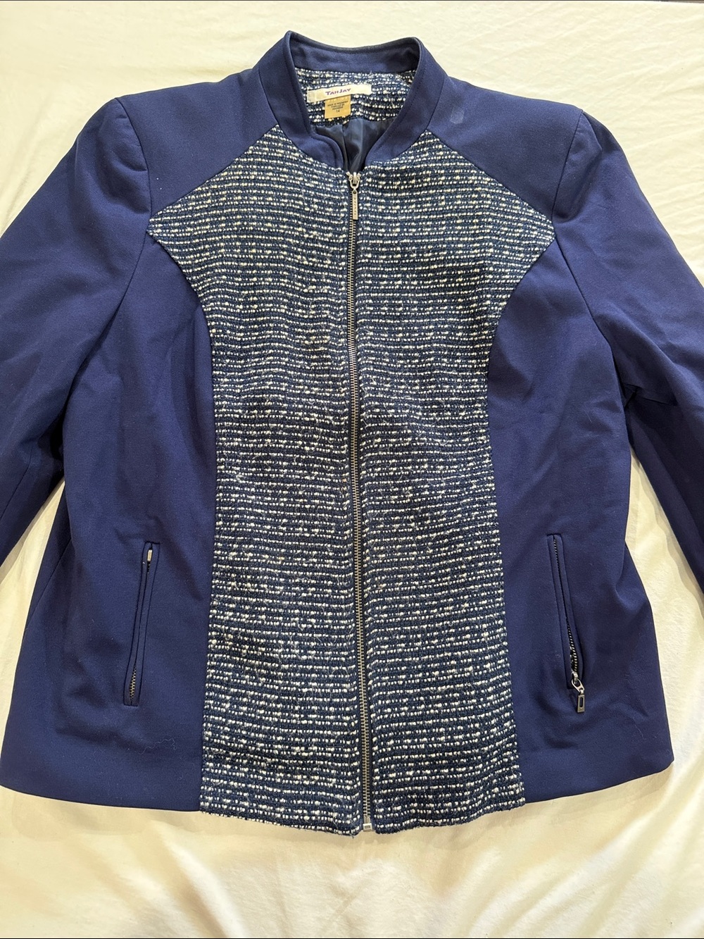 TanJay Navy Zip-Front Textured Panel Jacket